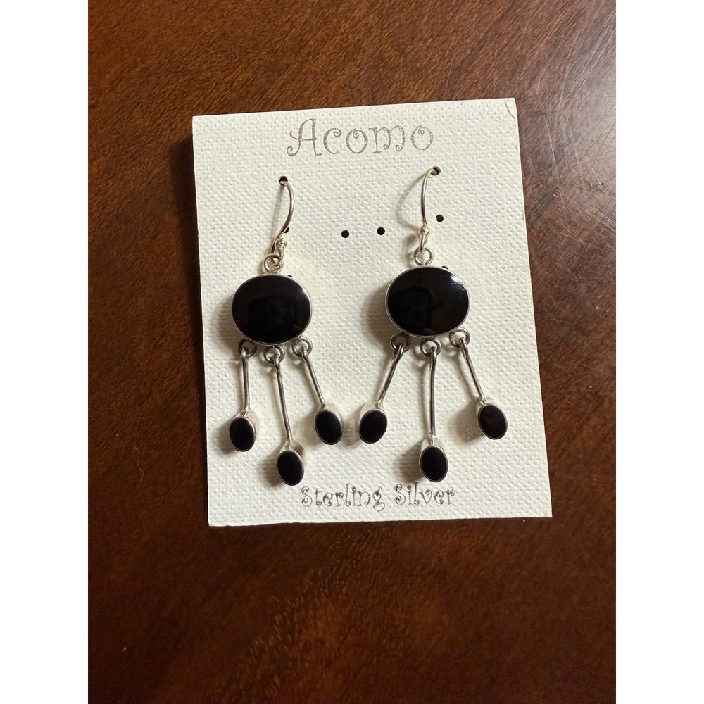 Vtg 925 Sterling Silver Onyx Dangle Earrings‎ Boho Artisan Long Statement Drops